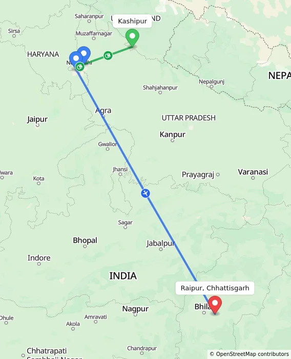 Route map showing distance and travel time from Kashipur, India to Raipur, Chhattisgarh, India