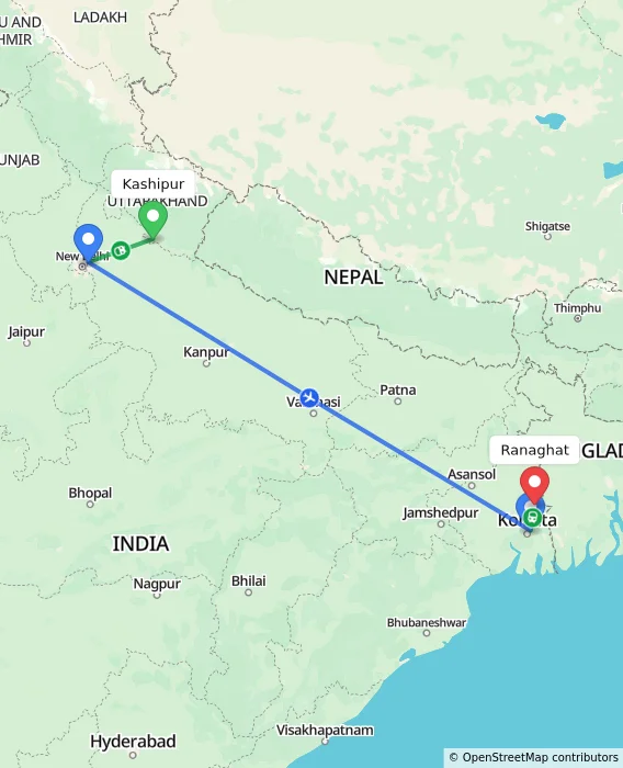 Route map showing distance and travel time from Kashipur, India to Ranaghat, India