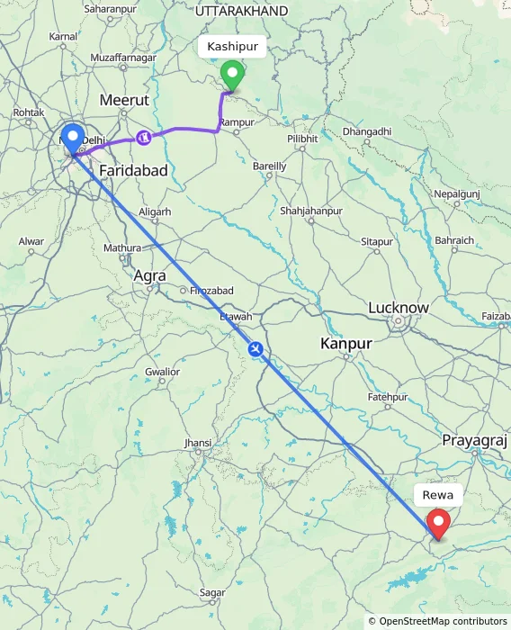 Route map showing distance and travel time from Kashipur, India to Rewa, India