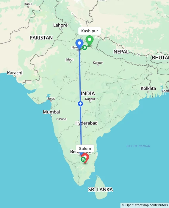 Route map showing distance and travel time from Kashipur, India to Salem, India