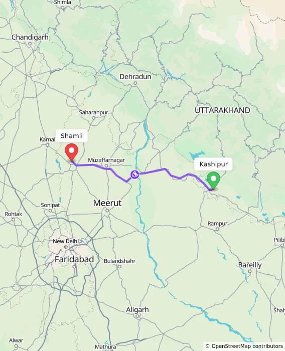 Route map showing distance and travel time from Kashipur, India to Shamli, India