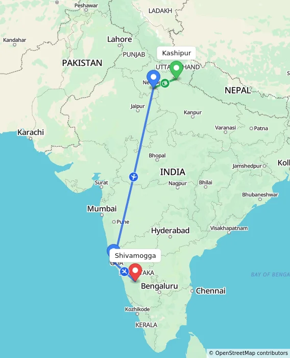 Route map showing distance and travel time from Kashipur, India to Shivamogga, India