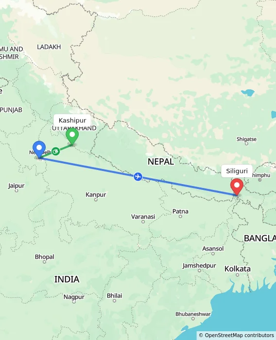 Route map showing distance and travel time from Kashipur, India to Siliguri, India