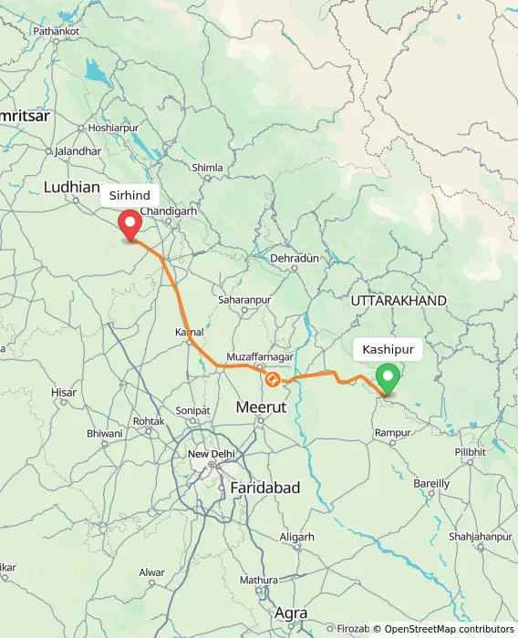 Route map showing distance and travel time from Kashipur, India to Sirhind, India