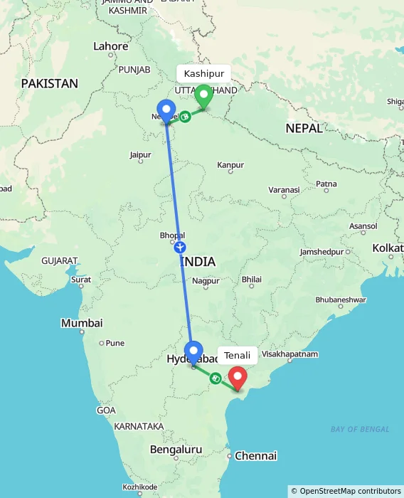 Route map showing distance and travel time from Kashipur, India to Tenali, India
