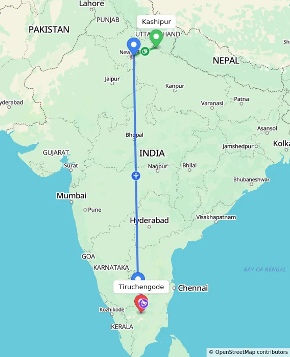 Route map showing distance and travel time from Kashipur, India to Tiruchengode, India