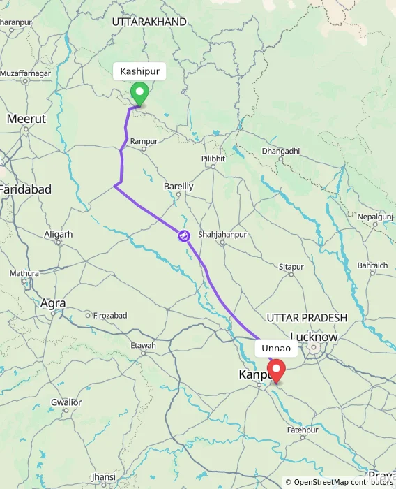 Route map showing distance and travel time from Kashipur, India to Unnao, India