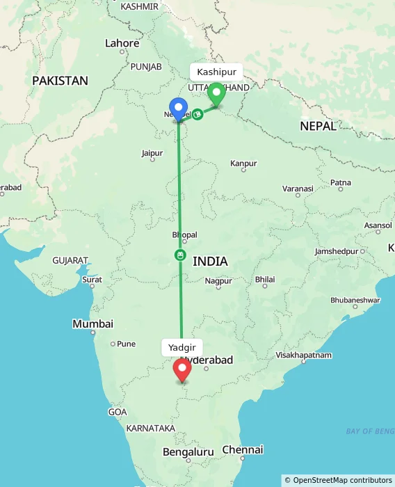 Route map showing distance and travel time from Kashipur, India to Yadgir, India