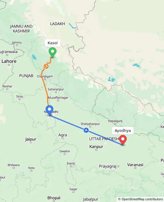 Route map showing distance and travel time from Kasol, India to Ayodhya, India