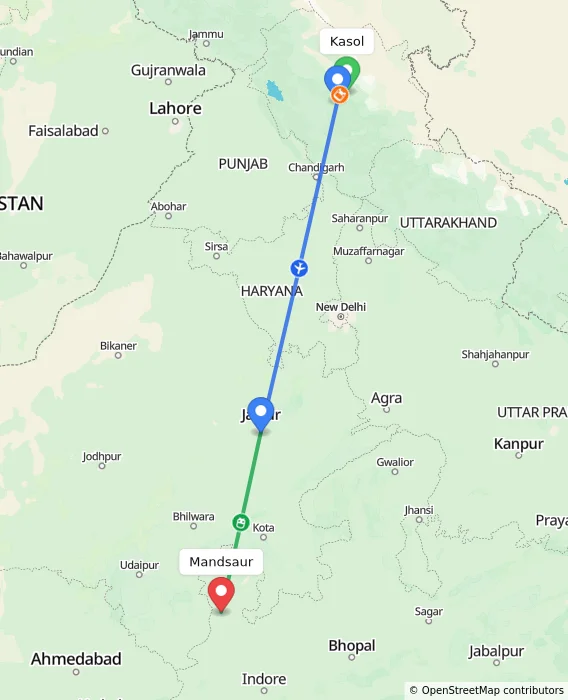 Route map showing distance and travel time from Kasol, India to Mandsaur, India