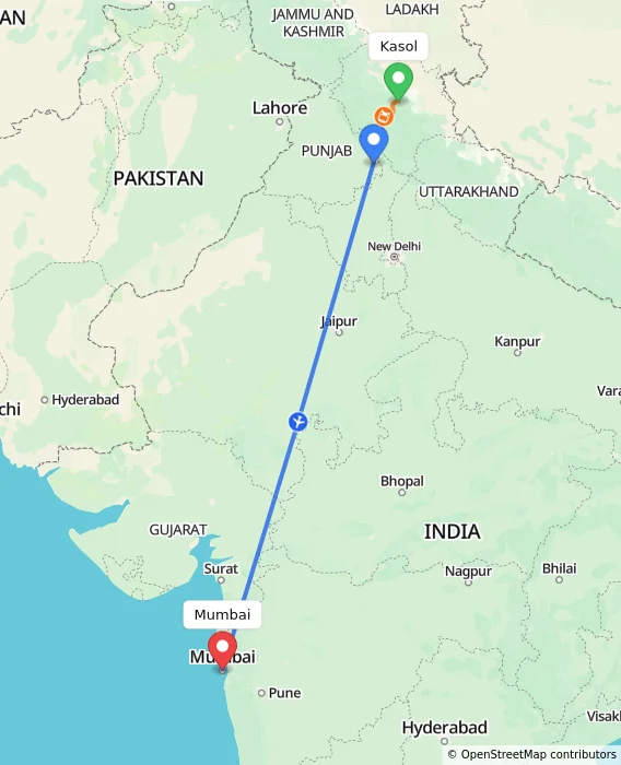 Route map showing distance and travel time from Kasol, India to Mumbai, India