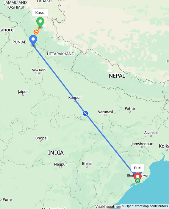 Route map showing distance and travel time from Kasol, India to Puri, India