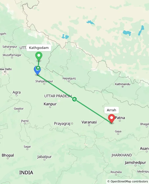 Route map showing distance and travel time from Kathgodam, India to Arrah, India