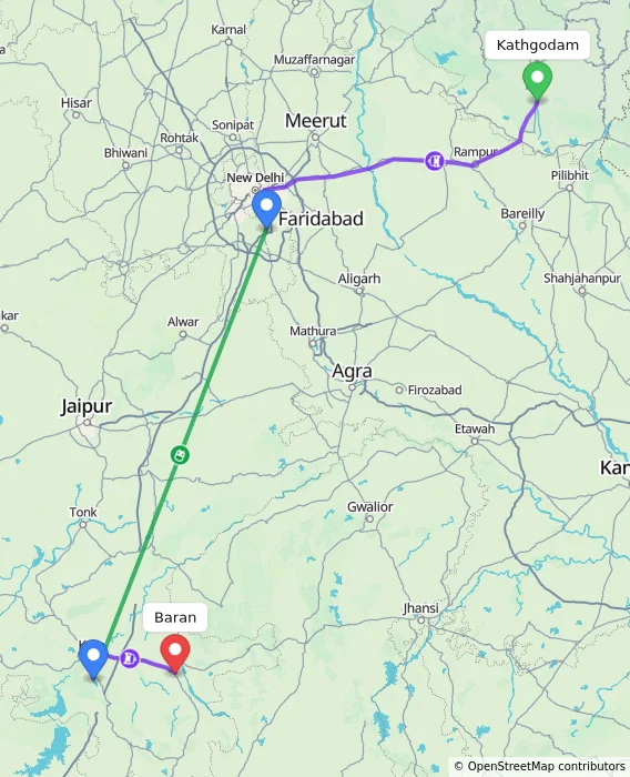 Route map showing distance and travel time from Kathgodam, India to Baran, India
