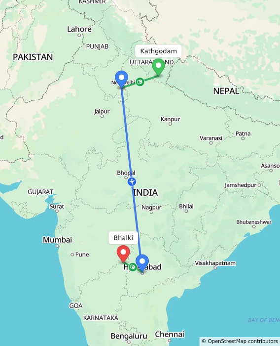 Route map showing distance and travel time from Kathgodam, India to Bhalki, India