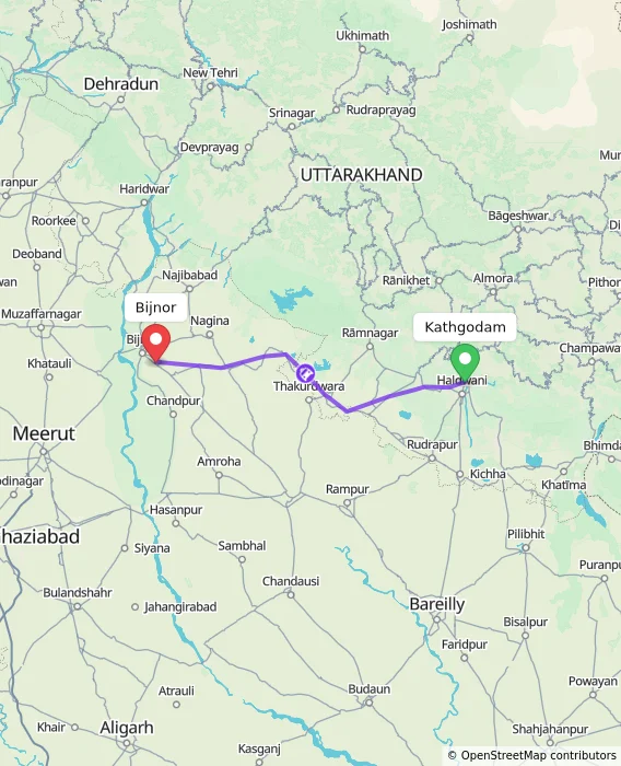 Route map showing distance and travel time from Kathgodam, India to Bijnor, India