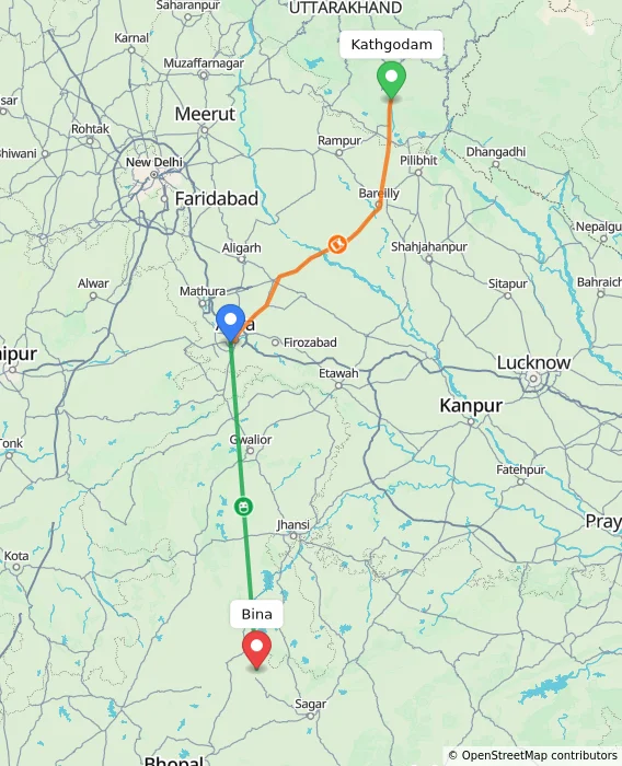 Route map showing distance and travel time from Kathgodam, India to Bina, India