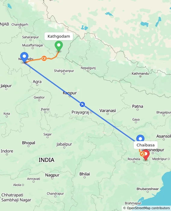 Route map showing distance and travel time from Kathgodam, India to Chaibasa, India