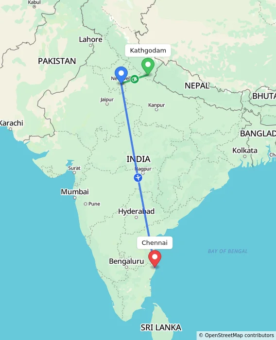 Route map showing distance and travel time from Kathgodam, India to Chennai, India