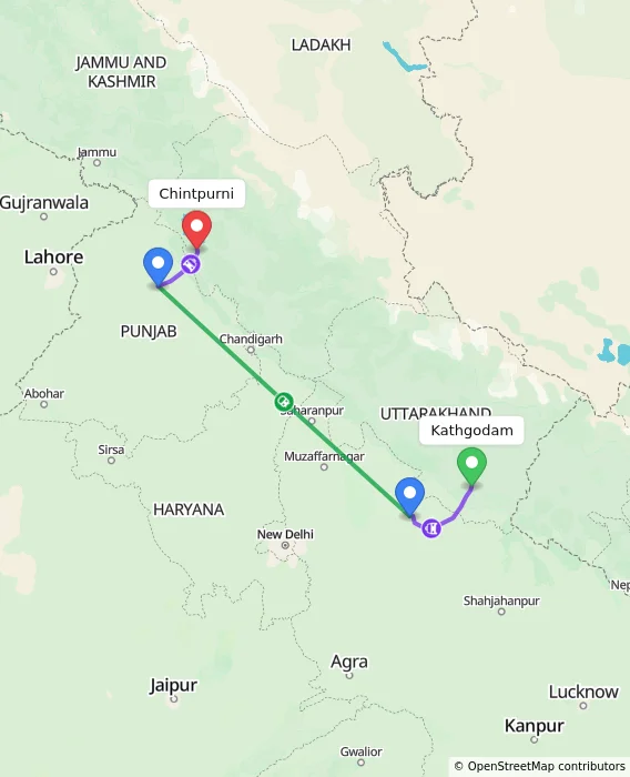 Route map showing distance and travel time from Kathgodam, India to Chintpurni, India