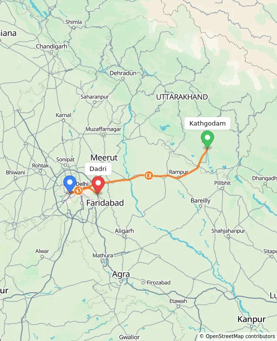 Route map showing distance and travel time from Kathgodam, India to Dadri, India