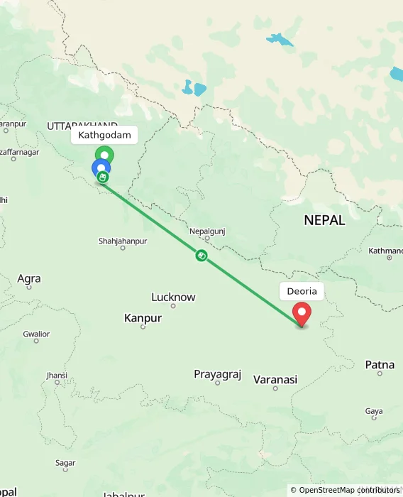 Route map showing distance and travel time from Kathgodam, India to Deoria, India
