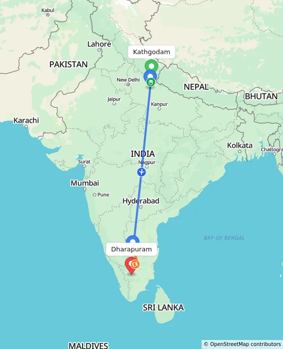 Route map showing distance and travel time from Kathgodam, India to Dharapuram, India