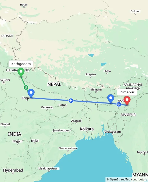 Route map showing distance and travel time from Kathgodam, India to Dimapur, India