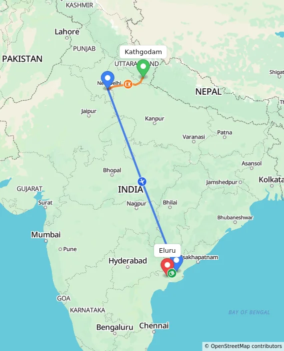 Route map showing distance and travel time from Kathgodam, India to Eluru, India