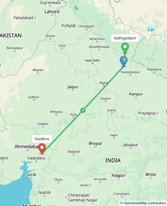 Route map showing distance and travel time from Kathgodam, India to Godhra, India