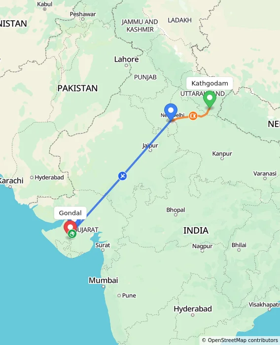 Route map showing distance and travel time from Kathgodam, India to Gondal, India