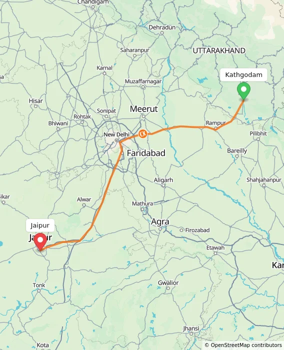 Route map showing distance and travel time from Kathgodam, India to Jaipur, India
