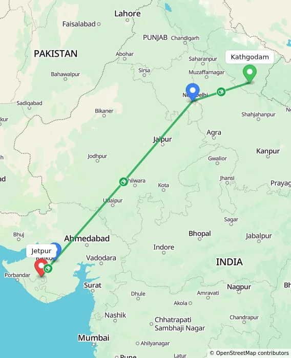 Route map showing distance and travel time from Kathgodam, India to Jetpur, India