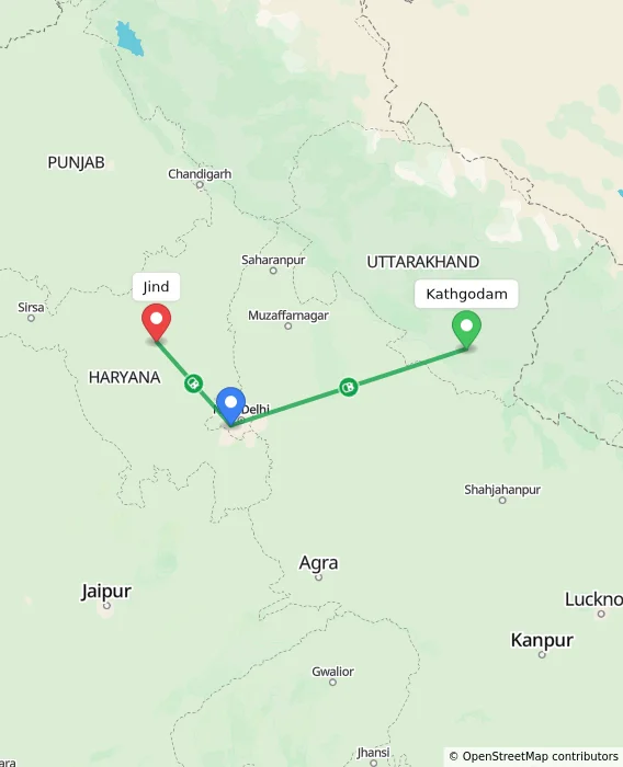 Route map showing distance and travel time from Kathgodam, India to Jind, India