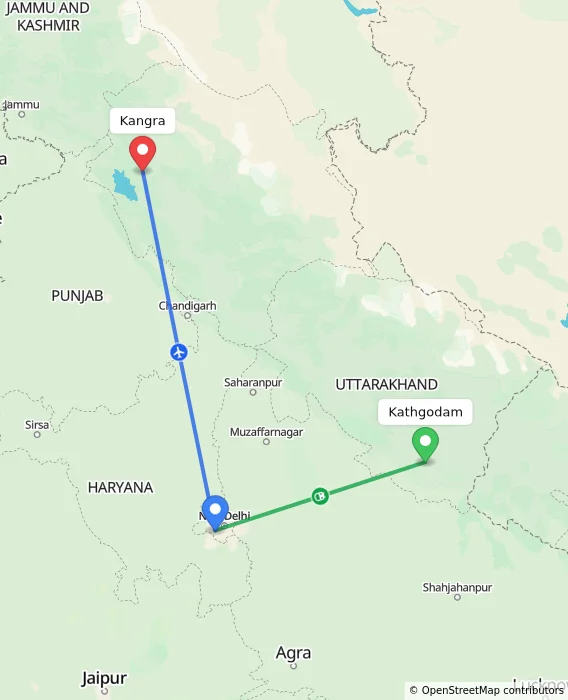 Route map showing distance and travel time from Kathgodam, India to Kangra, India
