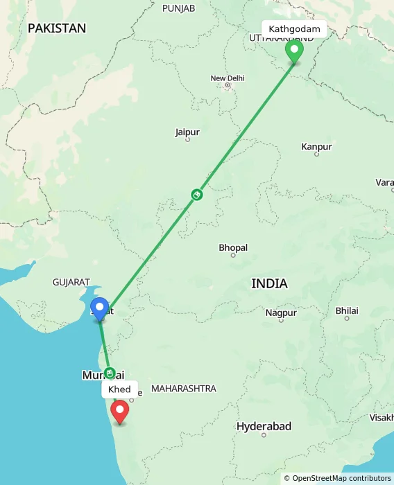 Route map showing distance and travel time from Kathgodam, India to Khed, India