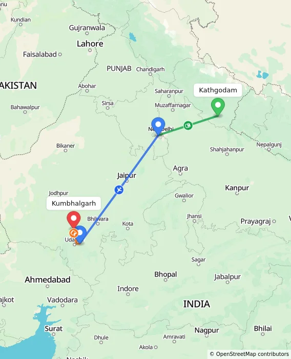 Route map showing distance and travel time from Kathgodam, India to Kumbhalgarh, India