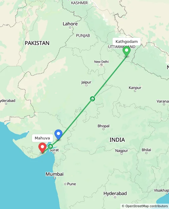 Route map showing distance and travel time from Kathgodam, India to Mahuva, India