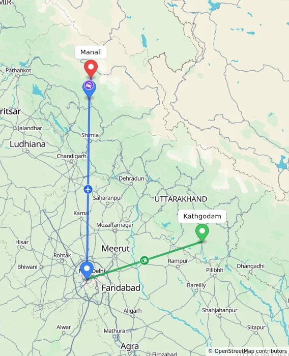 Route map showing distance and travel time from Kathgodam, India to Manali, India
