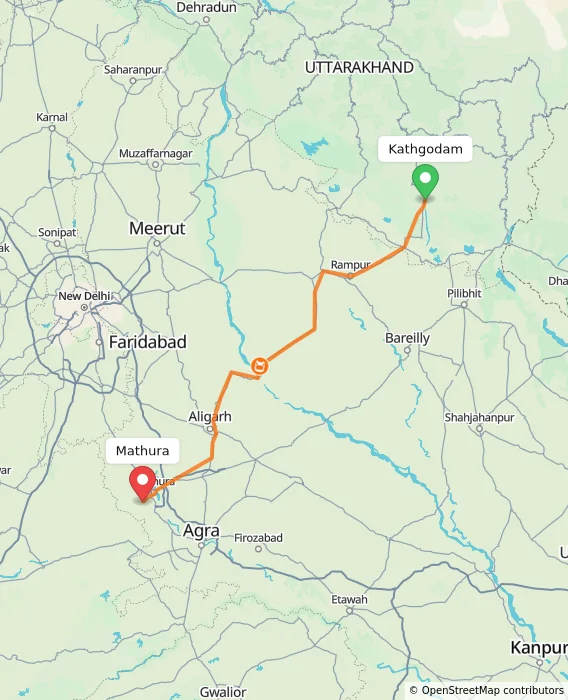 Route map showing distance and travel time from Kathgodam, India to Mathura, India