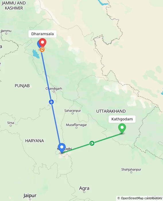 Route map showing distance and travel time from Kathgodam, India to Dharamsala, India