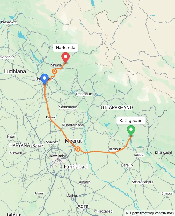 Route map showing distance and travel time from Kathgodam, India to Narkanda, India
