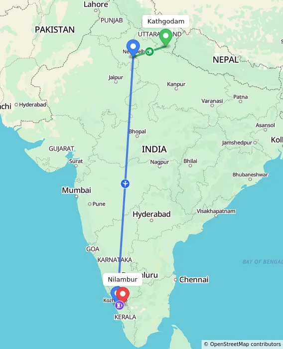 Route map showing distance and travel time from Kathgodam, India to Nilambur, India