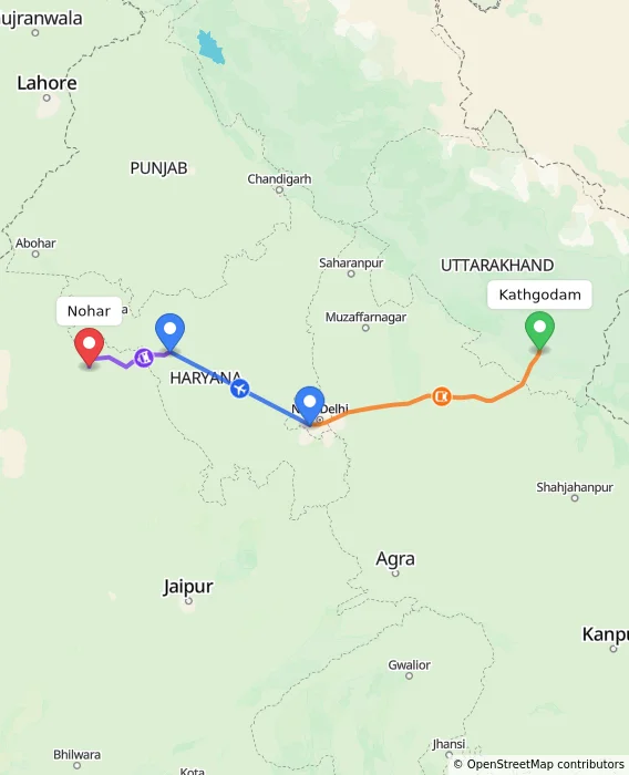 Route map showing distance and travel time from Kathgodam, India to Nohar, India