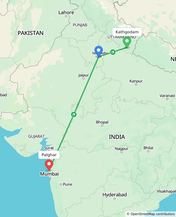Route map showing distance and travel time from Kathgodam, India to Palghar, India