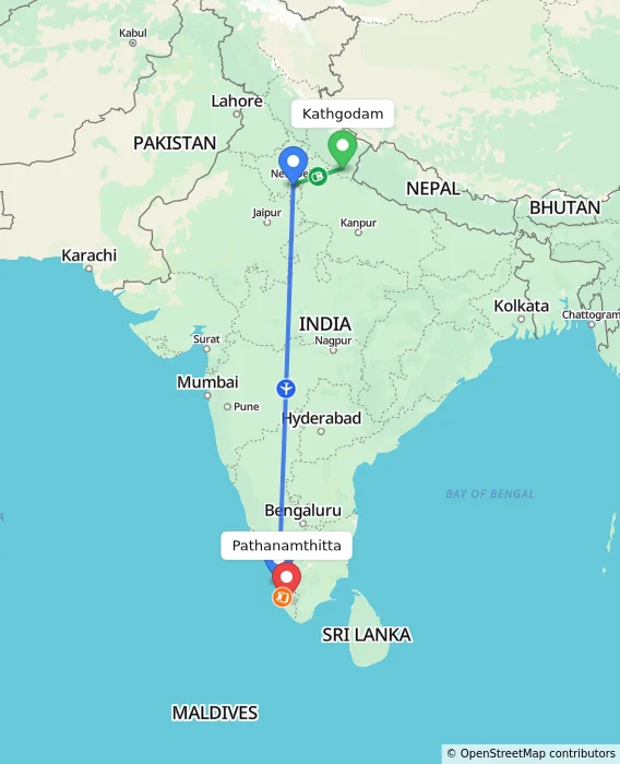 Route map showing distance and travel time from Kathgodam, India to Pathanamthitta, India