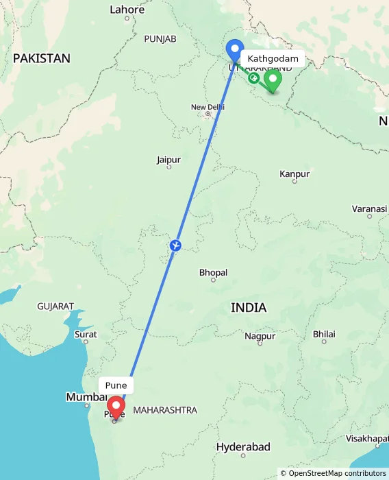 Route map showing distance and travel time from Kathgodam, India to Pune, India