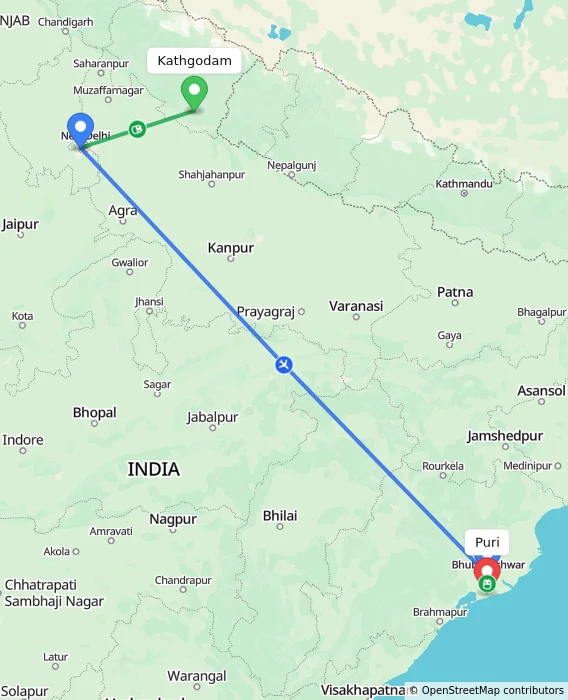 Route map showing distance and travel time from Kathgodam, India to Puri, India