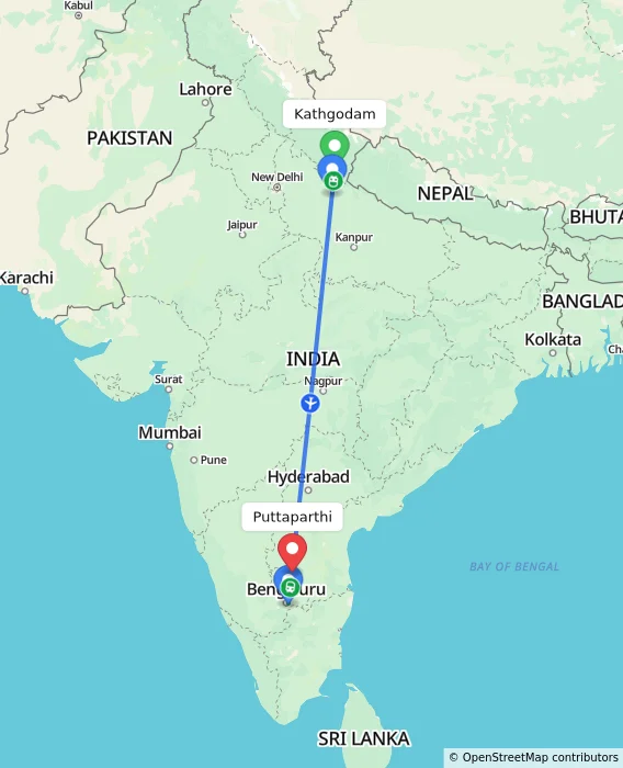 Route map showing distance and travel time from Kathgodam, India to Puttaparthi, India