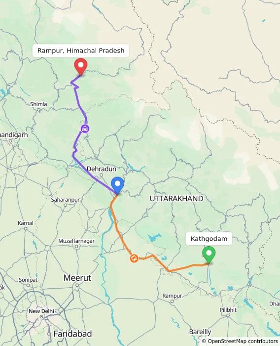 Route map showing distance and travel time from Kathgodam, India to Rampur, Himachal Pradesh, India
